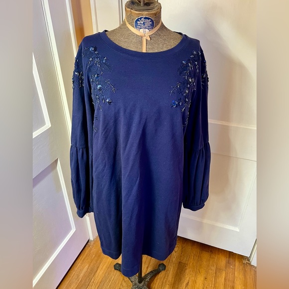 Lily Pulitzer Long Sleeve Navy Dress with Beaded Floral Accents sz XL - Picture 2 of 6